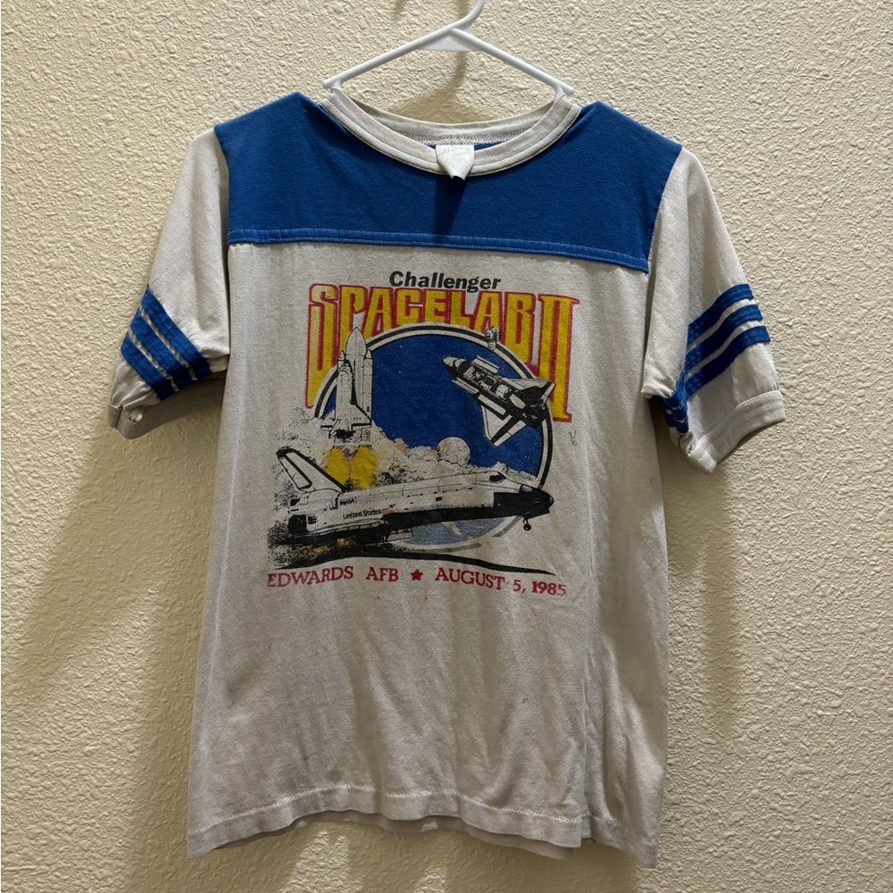 Challenger Spacelab II Vintage 80s Air craft NASA Graphic Ringer T-shirt